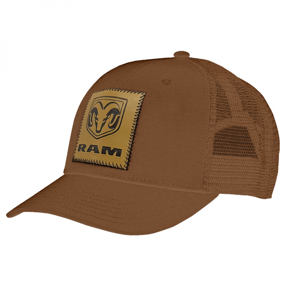 Dodge Ram Logo Sewn Patch Adjustable Trucker Hat Brown