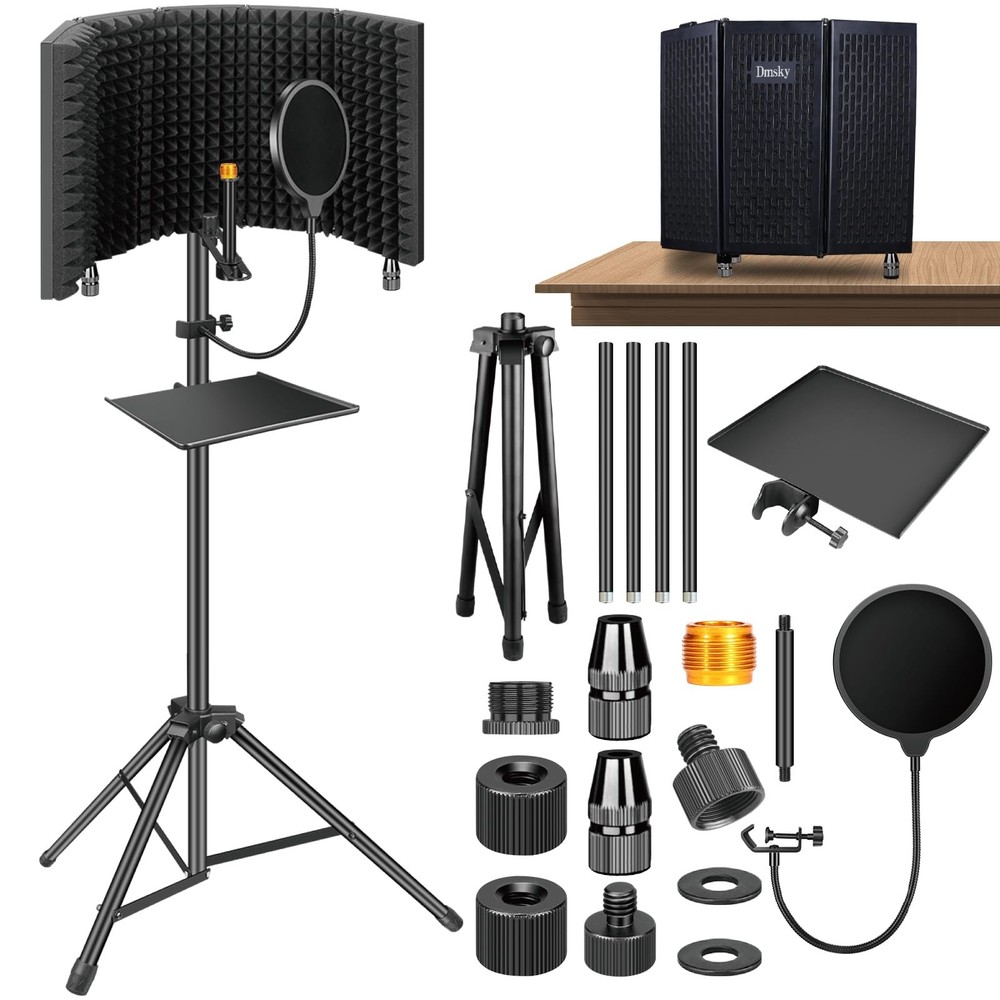 Microphone Isolation Shield with Pop Filter & Tripod Stand for Recording