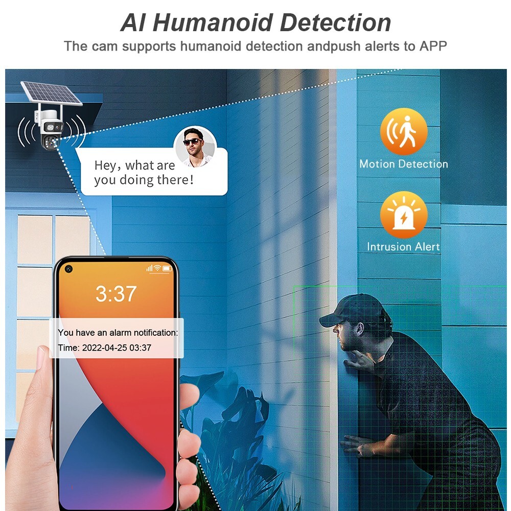 2K WiFi Solar Battery Powered Wireless Security Camera Sys Outdoor PTZ Audio