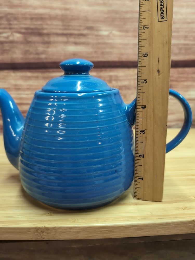BLUE Rayware Teapot Ribbed Ceramic Pottery