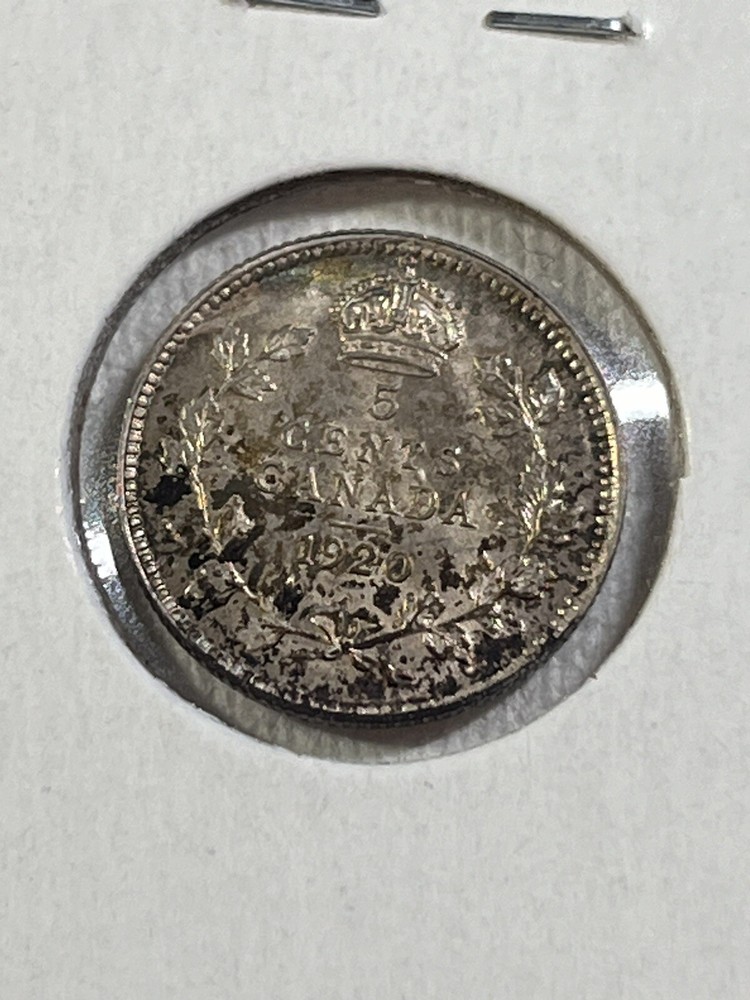 1920 Canada 5 Cents Small Silver Coin Cleaned