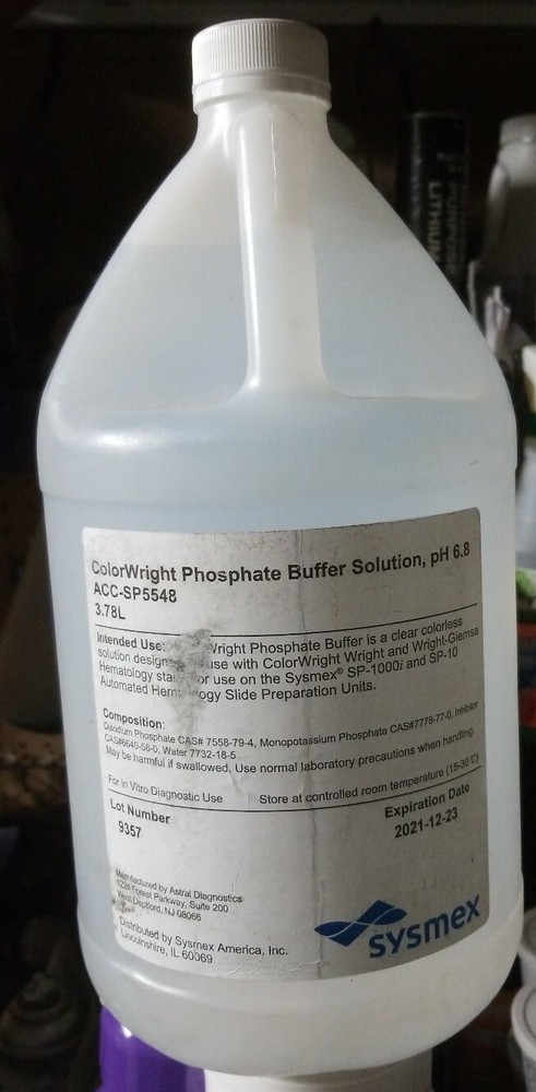 Sysmex 3.78L ColorWright Phosphate Buffer Solution pH 6.8 Hematology 12/2021