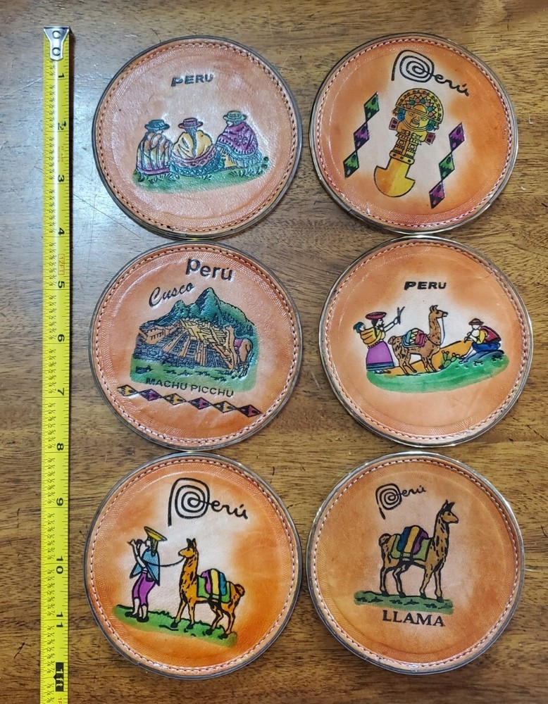 Cusco Peru Tooled painted Leather Coaster Set 6 Each 4” W/ Holder
