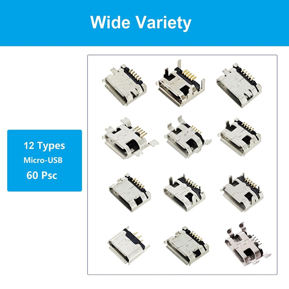 Bytcew 12 Types Micro USB Sockets Kit Jack Plug Connector,USB-b Micro, white
