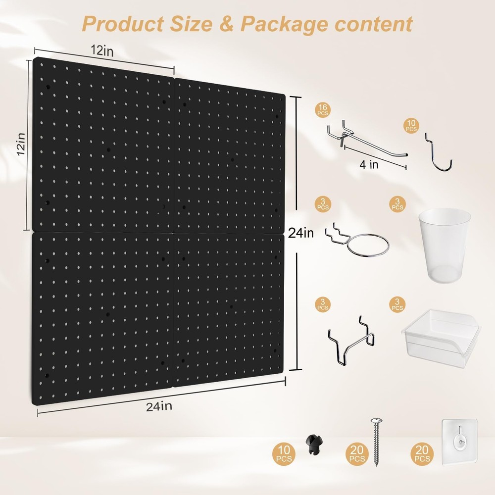 FZK Peg board Kit, Peg Board with Hooks, Includes 4 Black Pegboards and Acces...