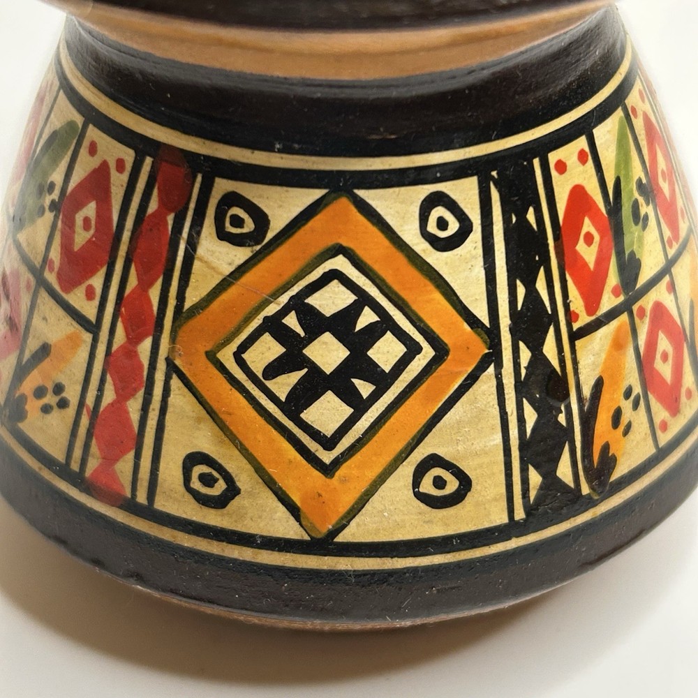 Peruvian Pottery Hand Painted Small Vase Red Clay Geometric Pattern Bud 3" Pot