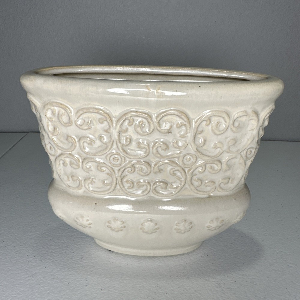 MCM Pottery Ceramic Planter Oval Off White Glazed Scroll Leaf Design Shabby Chic