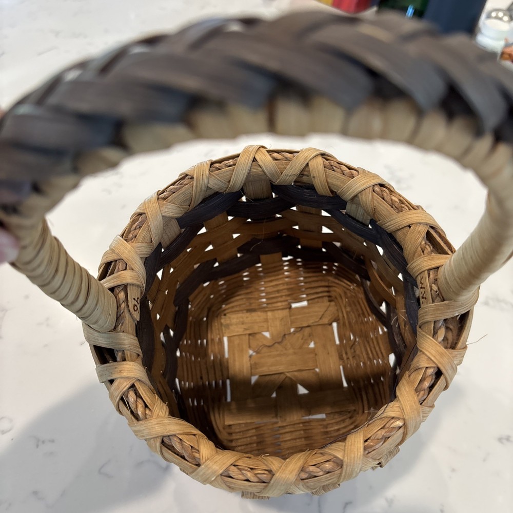 Vintage Split Oak Basket 2 Tone Braided Handle Twisted Woven Pattern Signed Date