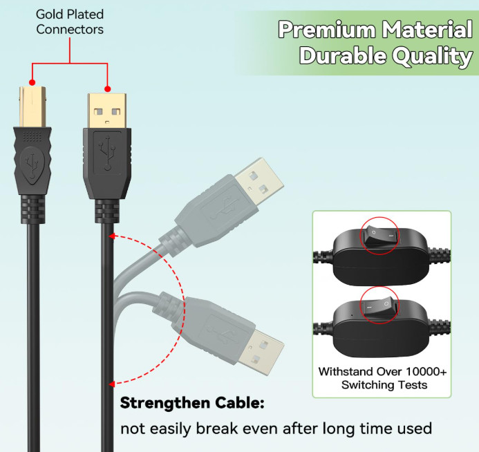 Printer Cable Splitter 1 in 2 Out Printer Splitter for Two Computers Male to