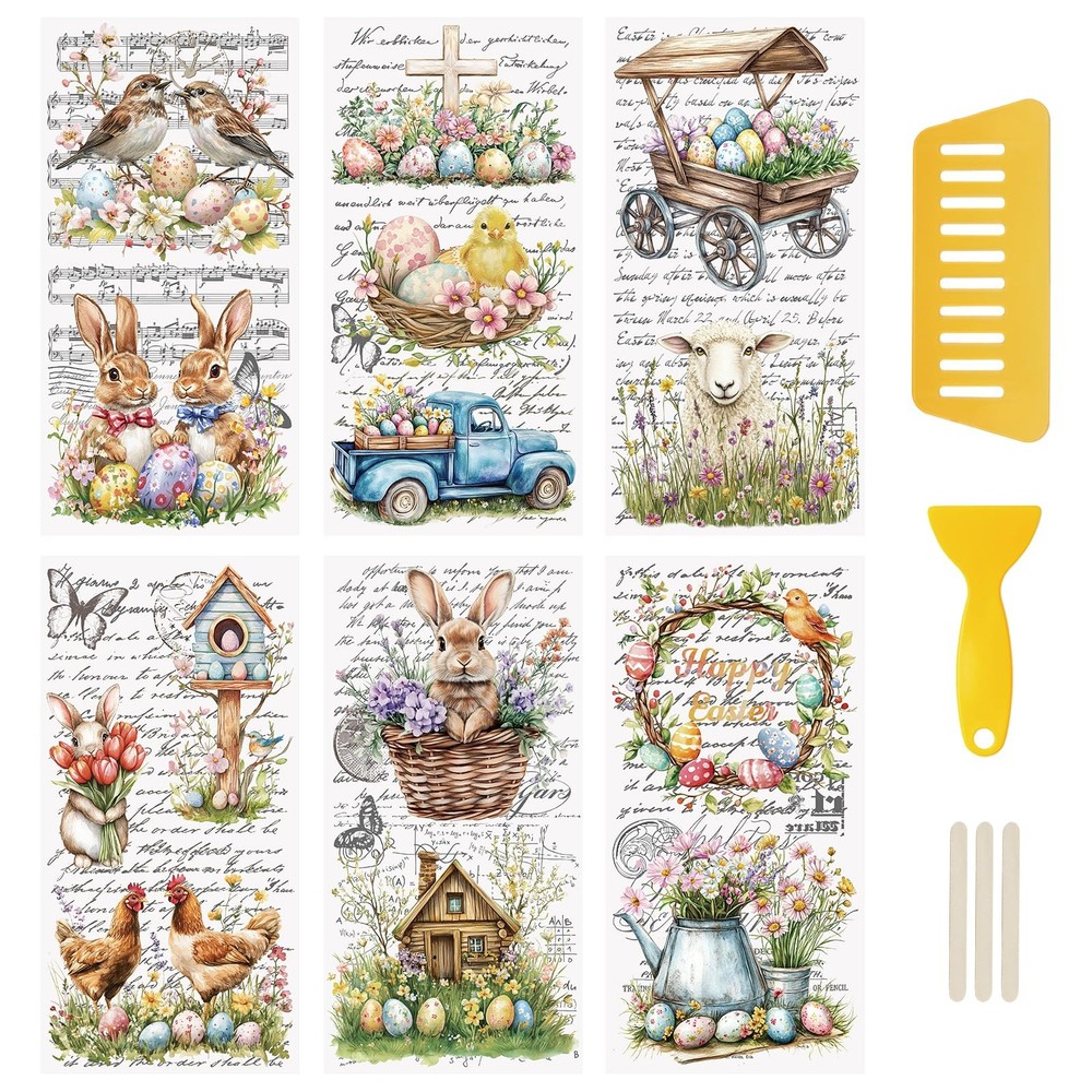 WANDIC 6 Sheets Rub on Transfers Sticker Decoration, Easter 6pcs,