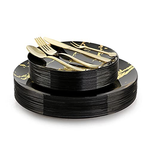 N9R 225pcs Gold Plastic Plates, Disposable Dinnerware Set Include 25 Black