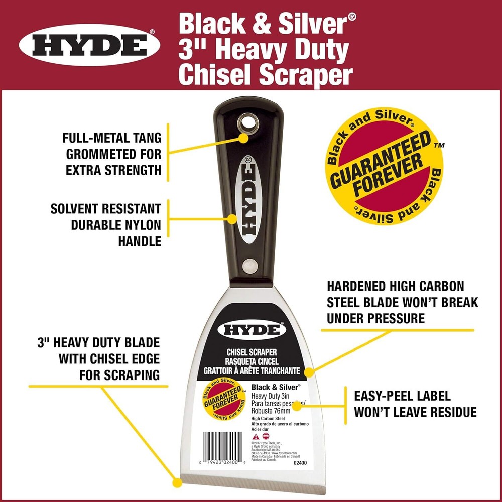 HYDE 02400 2400 Stiff Chisel Scraper, 3"