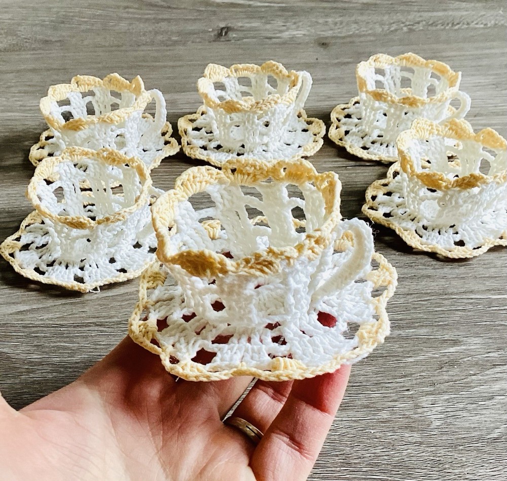 Set Of 6 Crochet Mini Tea Cup Saucer Table Setting Decor Easter Spring Egg Candy