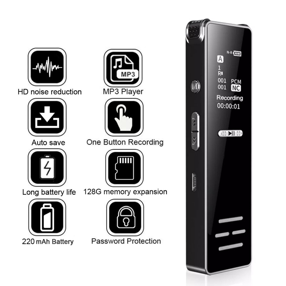 Smart Password-Protected Recorder - 128GB HD Audio Device with MP3 Player
