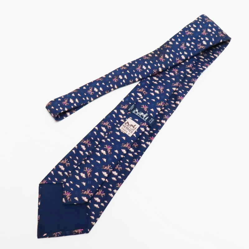 M03-k034 HERMES Pegasus pattern silk tie navy