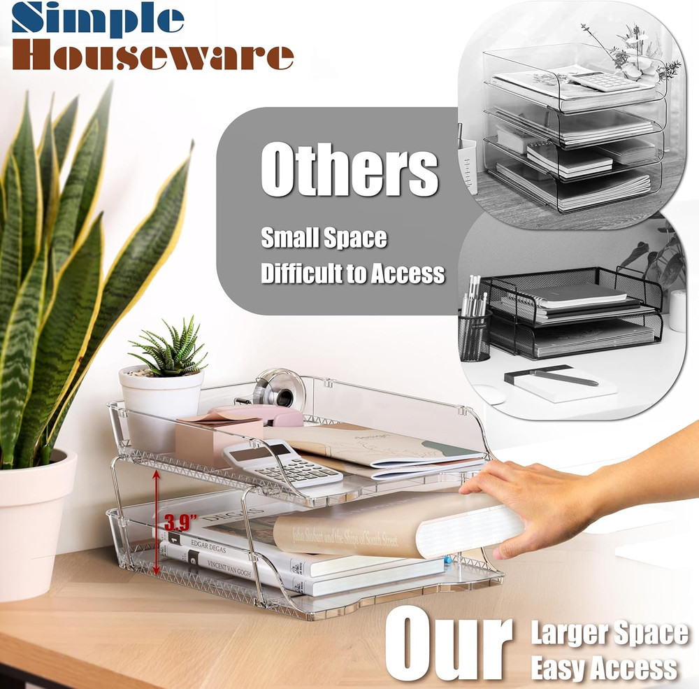 Simple Houseware 2-Tier Clear Stackable Letter Tray Organizer – Desktop File Hol