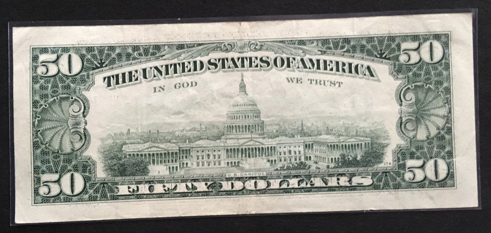 1990 $50 Bill Partial Ink Transfer Error Note wet ink Back to Front