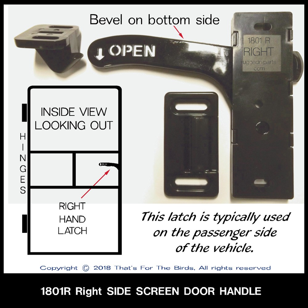 RV, Camper Screen Door Latch RIGHT HAND (E285) with CORRECT SCREWS,