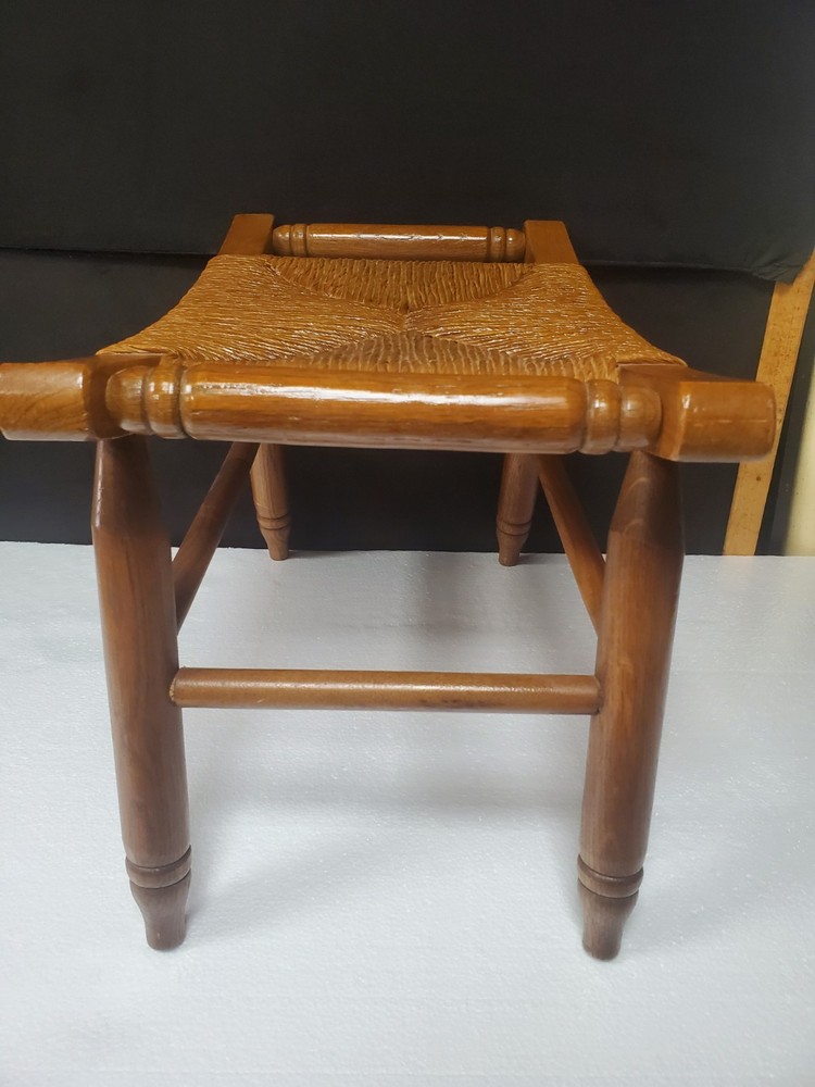 Mid Century Solid Wood Woven Rush Footstool