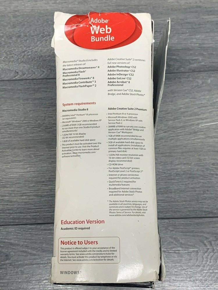 Adobe Creative Suite 2 Premium STUDIO 8 Adobe Web Bundle For Win. Sold as is.