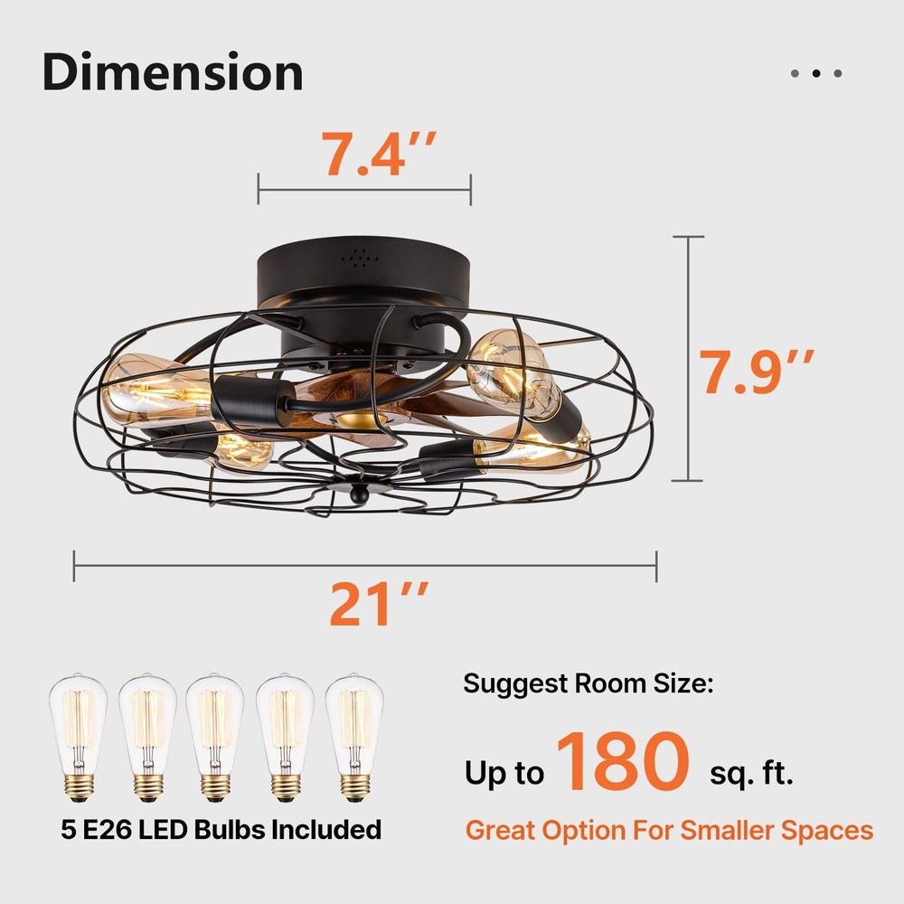 21" Low Profile Caged Ceiling Fan with Lights Remote Control, Include Bulbs, ...