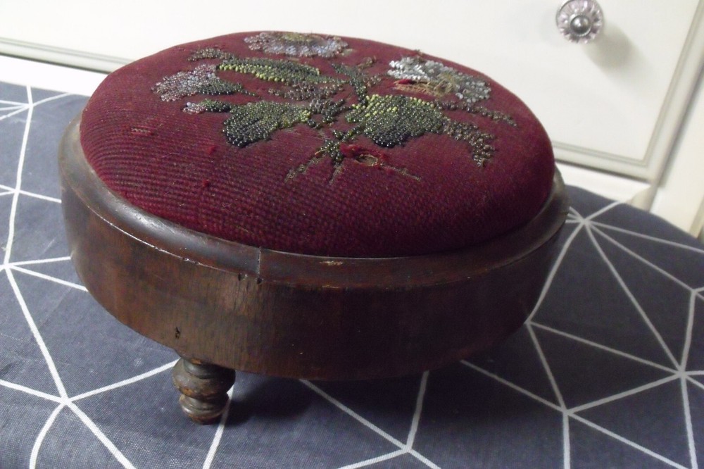 Antique Victorian Beaded Decorative Footstool Floral Pattern