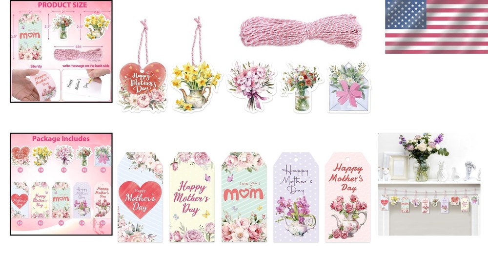 Personalized Floral Gift Tags for Mother's Day - 100 Durable Paper Tags & String