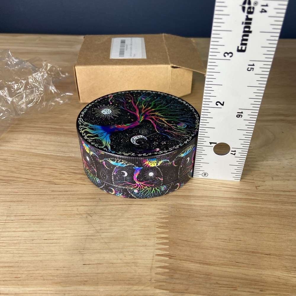 3” Boho Spice Grinder, Cool Black Lucky Tree Pattern, Sun, Moon, Psychedelic