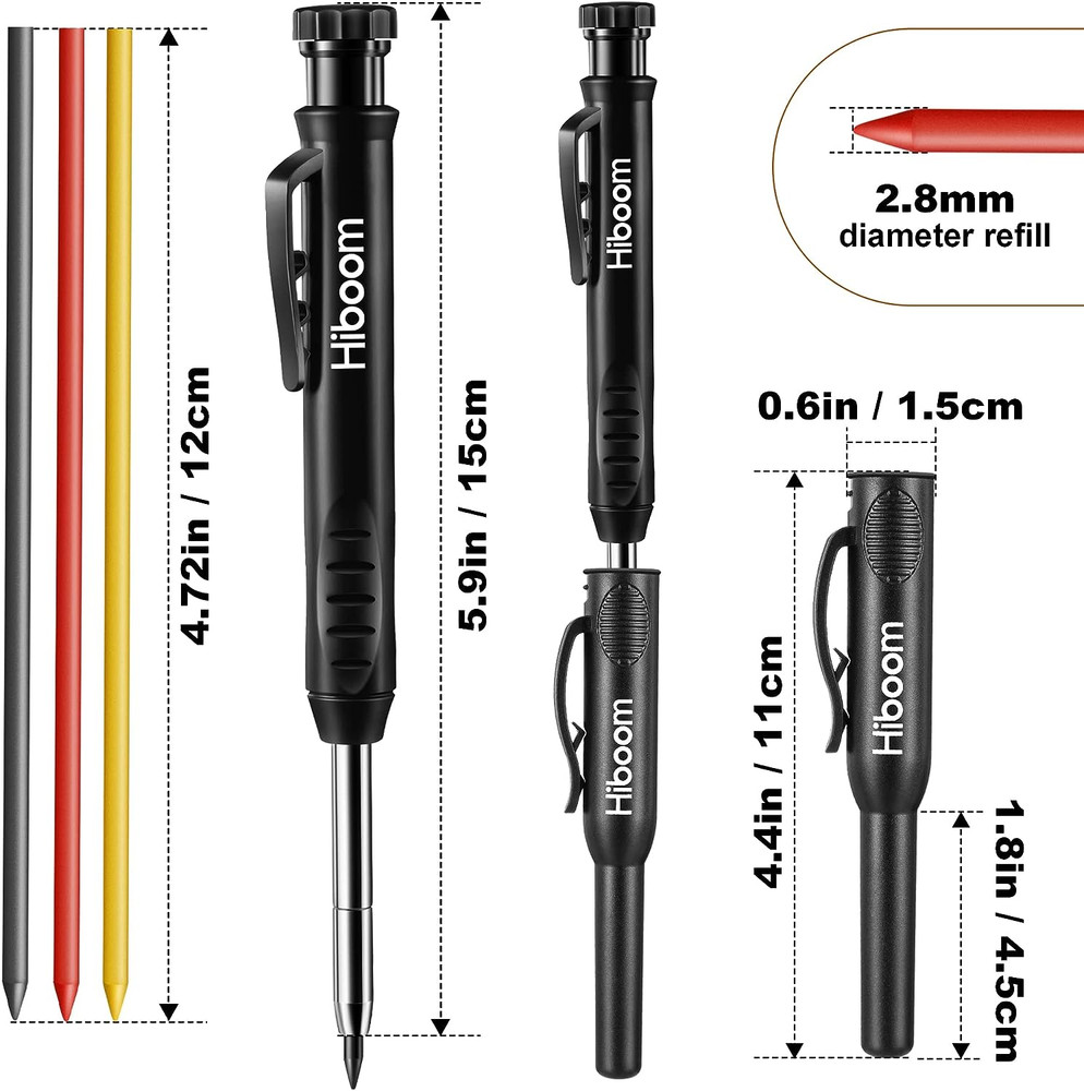 3 Pack Carpenter Pencils Set: Mechanical Pencils with 24 Refills, Built-in Sharp