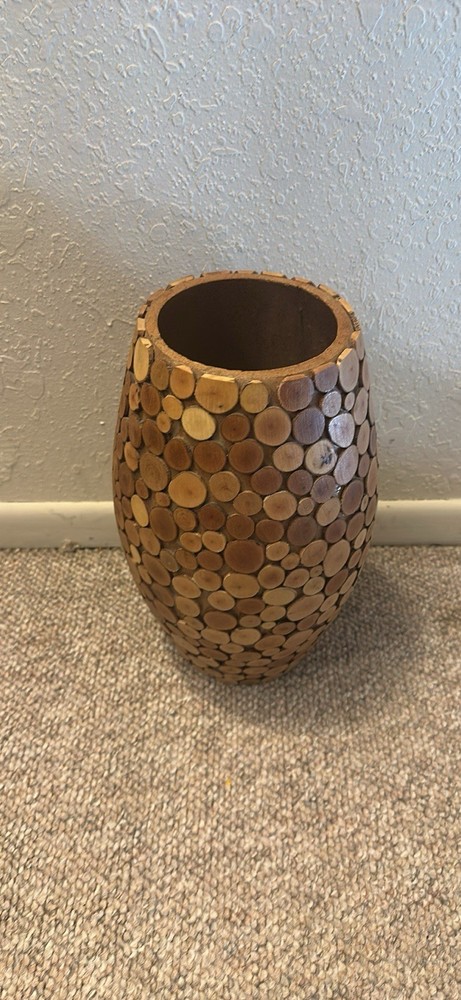 Wood Art Vase, Brown, Matte Finish, Geometric Pattern, Rustic Decorative