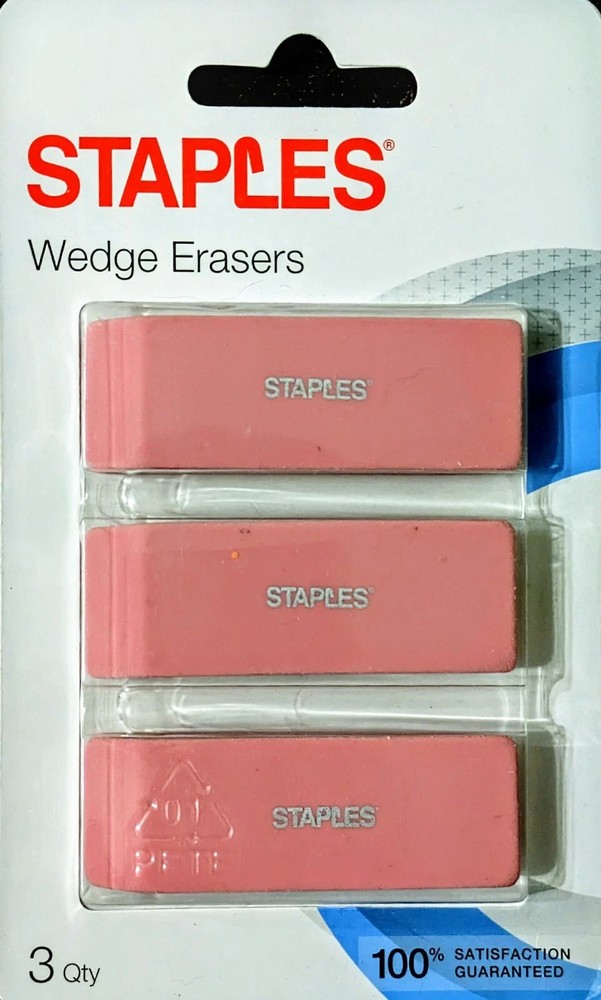 Staples Pink Wedge Erasers 3/Pack Premium Angled Edges Precise Correction - New