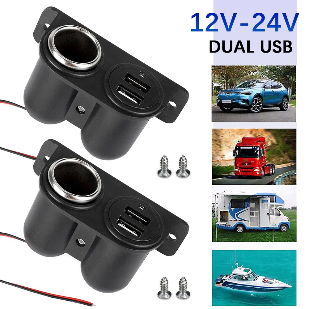 2Pcs Car Cigarette Lighter Socket Dual USB Port Charger Power Outlet LED Lights