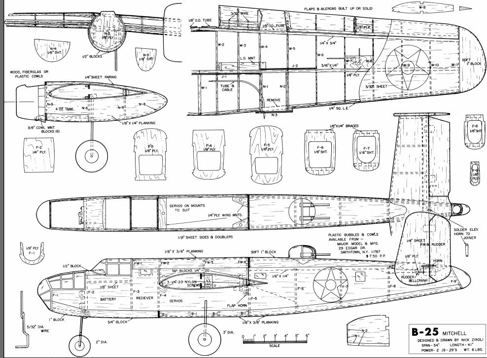 B25 Mitchell Bomber 36" RC Airplane Printed Plans