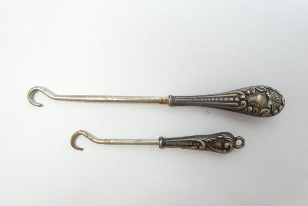 Two Small Button Hooks Sterling Silver Handles Victorian Miniature Mini