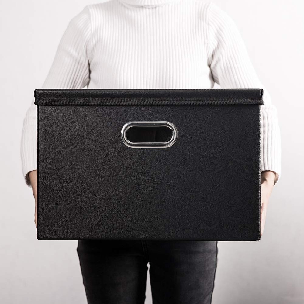 Large Collapsible Storage Bin with Lid [1-Pack] Leather Fabric Foldable Stora...