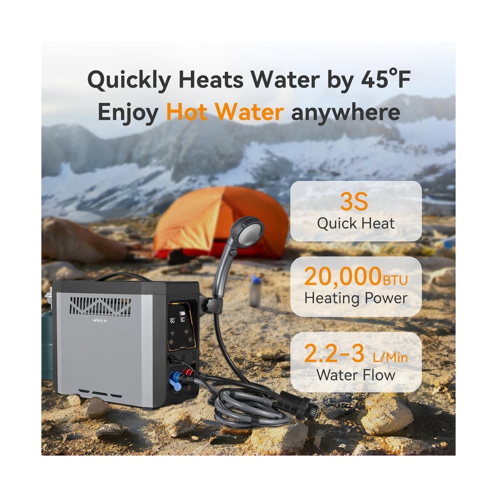 Portable Propane Water Heater for Camping, Built-in 4000mAh Rechargeable Batt...