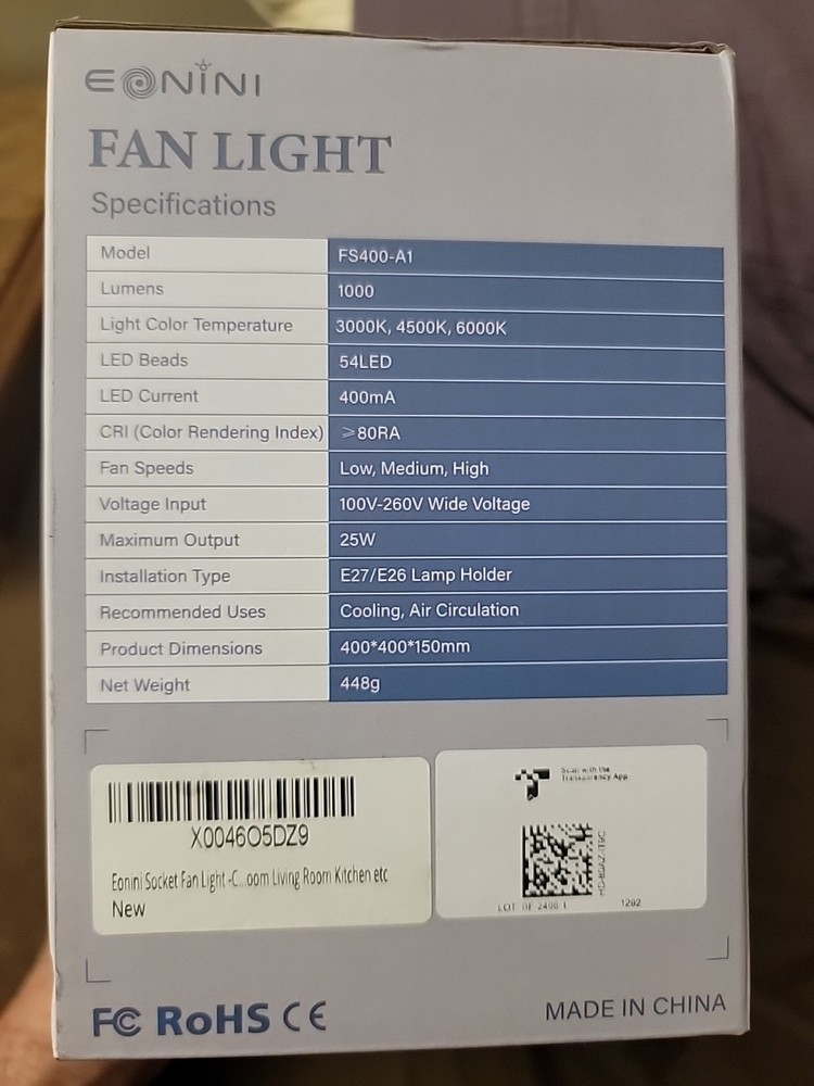 EONINI Socket Ceiling Fans Lights Fan light Dimmable Led Light