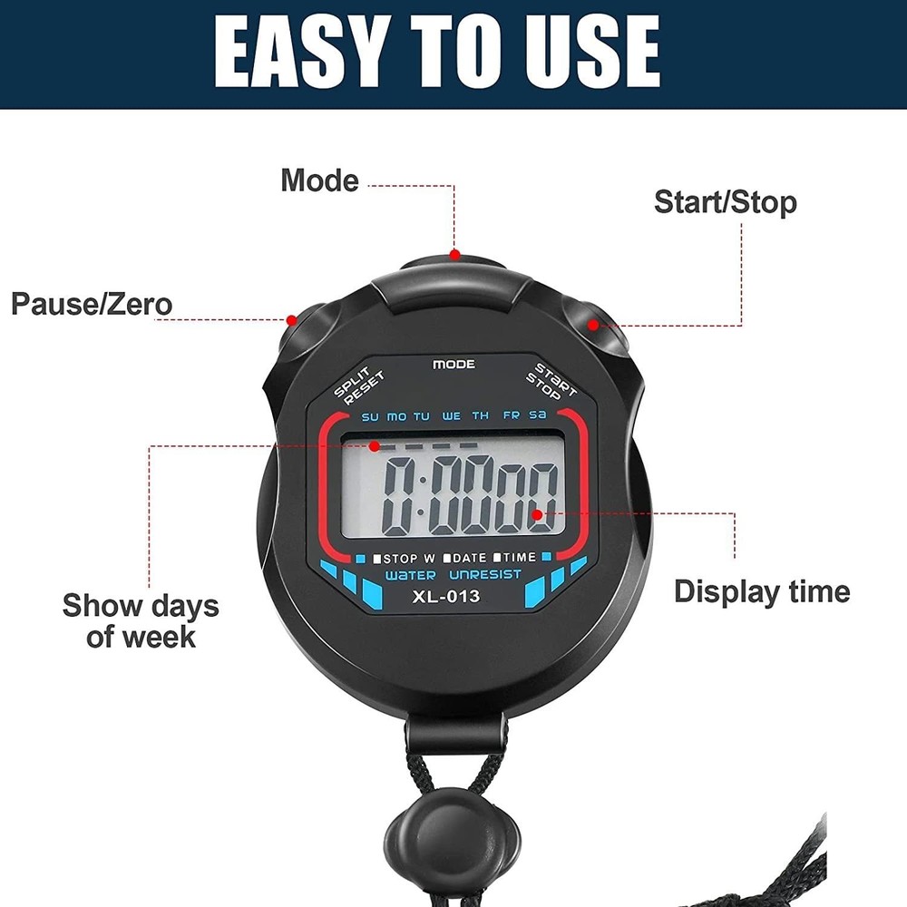 Waterproof Stopwatch Digital Handheld Multi-Function Professional Black