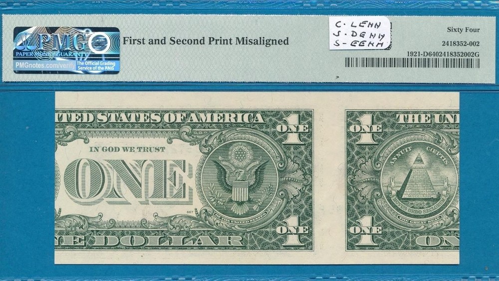 $1.00 1995 FIRST AND SECOND PRINT MISALIGNMENT ERROR PMG CHOICE NEW 64