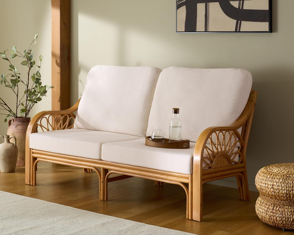 Isaias Rattan Loveseat with Removable Cushions - Coastal Boho Style