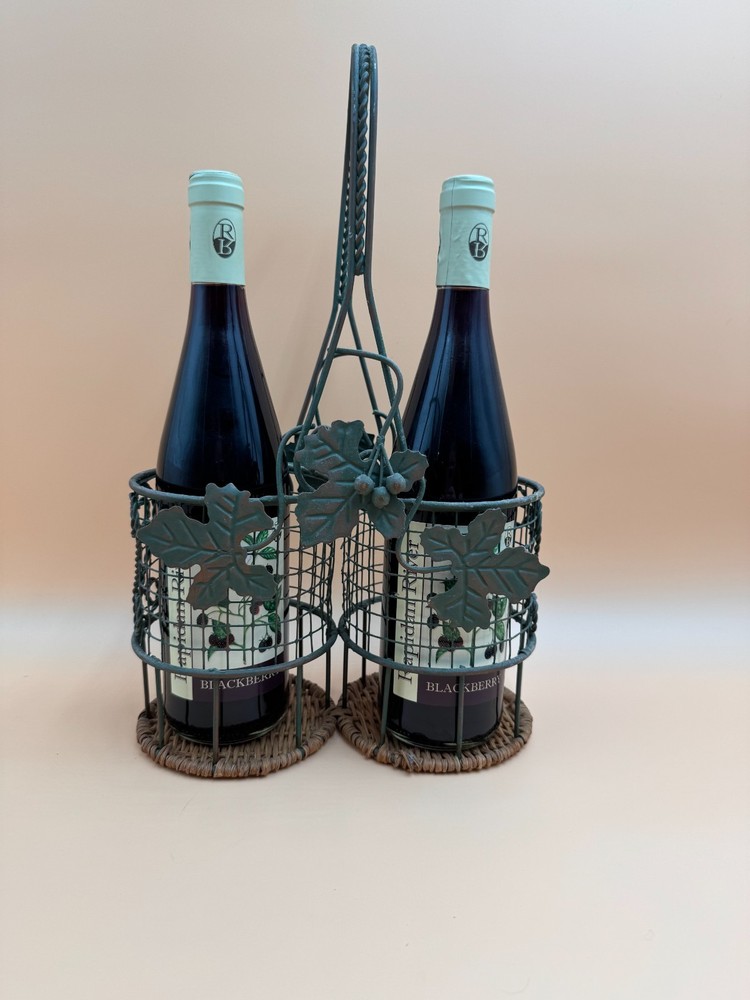 Vintage iron and wicker grapevine wine 2-bottle holder