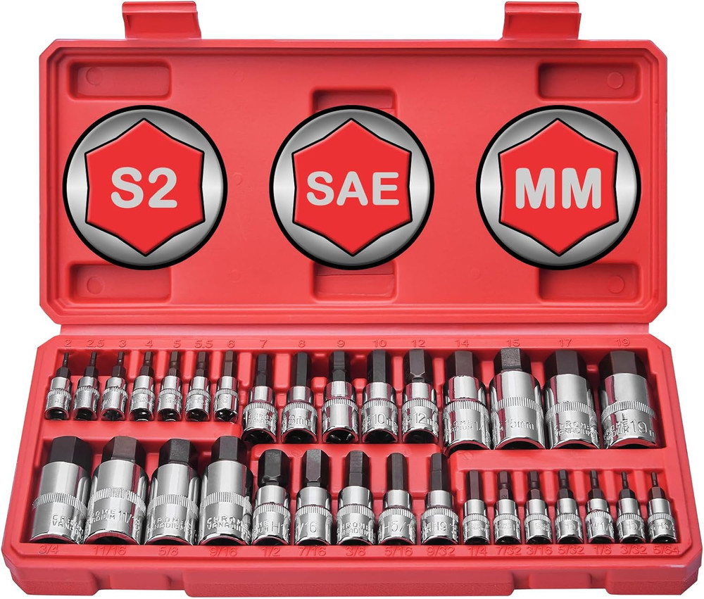 Master Hex Bit Socket Set 32-Piece, Allen Socket Set, 1/4'', 3/8”& 1/2'' Hex Dri