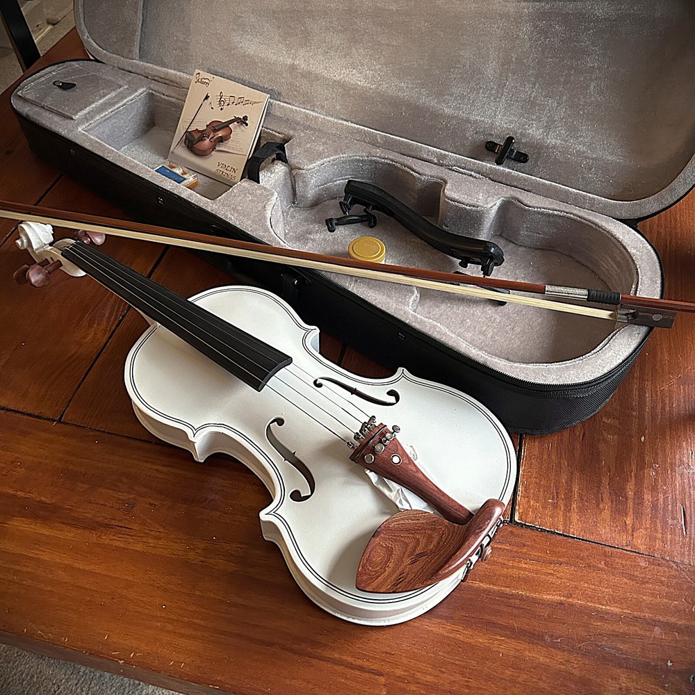 White Full-Size 4/4 Solid Wood Violin Package with Case, Bow, Rosin, and More