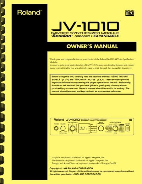 Roland JV-1010 Synthesizer Module OWNER'S MANUAL