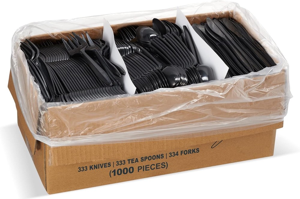 1,000 Plastic Disposable Cutlery Bulk Variety Pack Black Medium Weight Includes