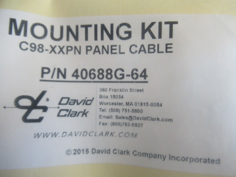 David Clark C98-20PN System Cable, Panel p/n 40894G-05