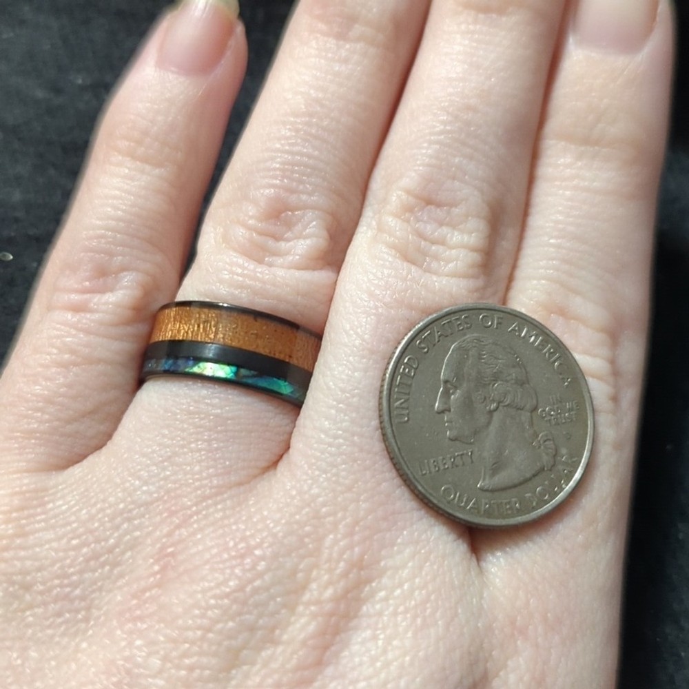 Black Brown Wood and Abalone Inlay Statement Ring - Size 7