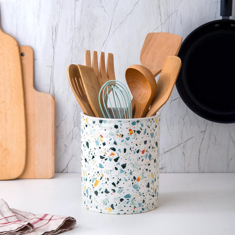 Kitchen Utensil Holder,7.2″Extra Large Stable Terrazzo Marble Pattern Ceramic Ut