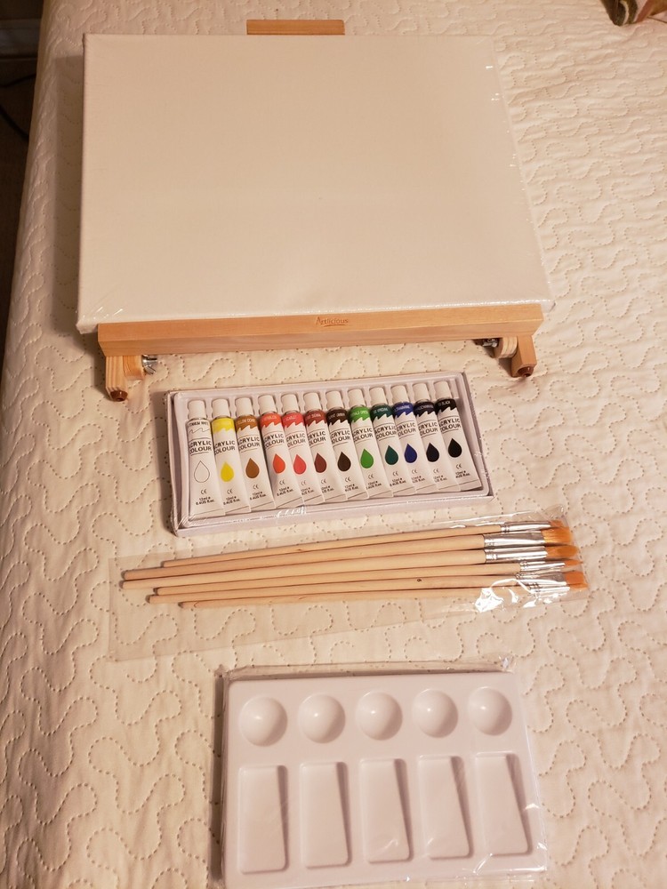 21 Piece Complete Easel Set - Stretched Canvas, Acrylic Paints & Brushes