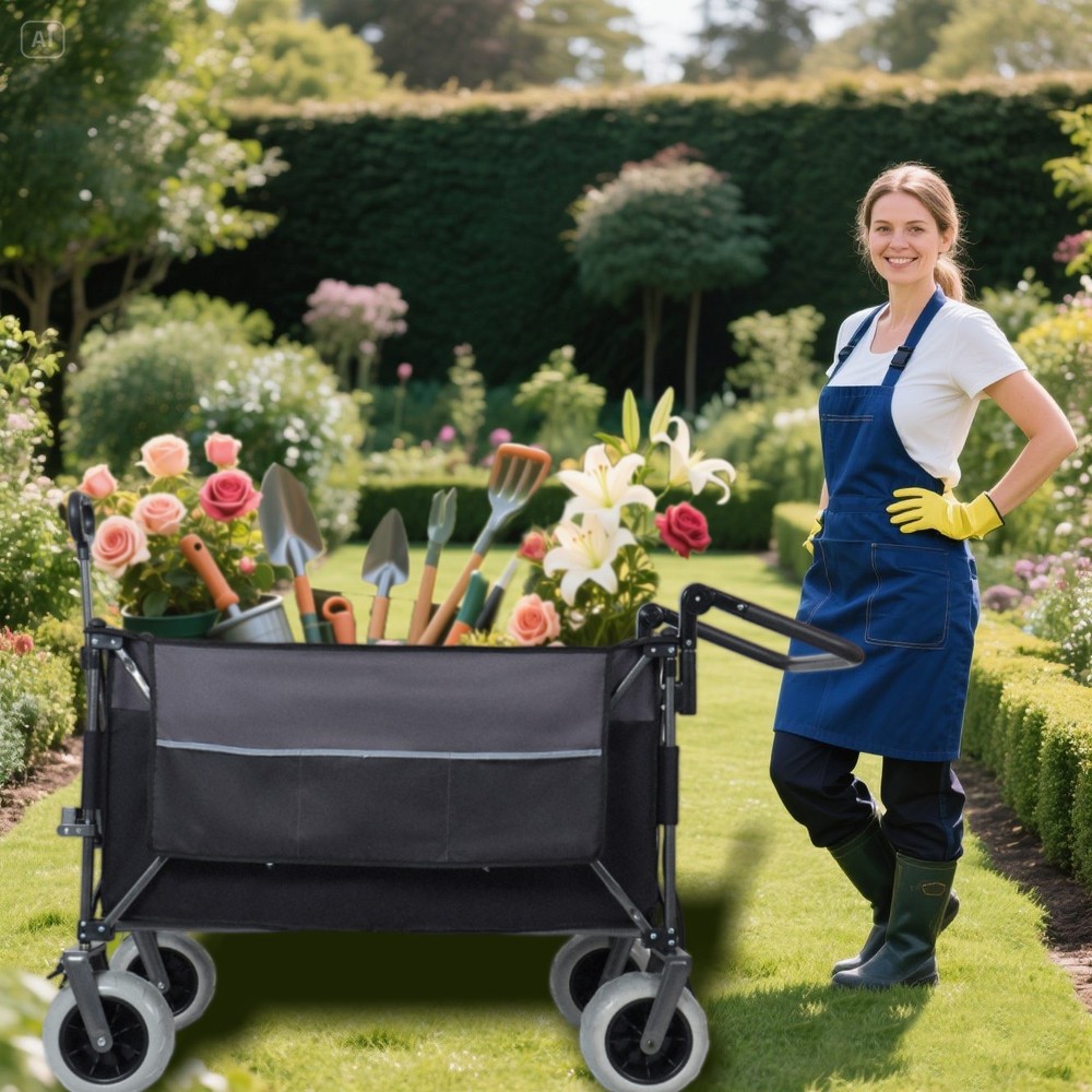 Push-Pull Folding Wagon Cart with Rotating Handle & Large Beach Tires